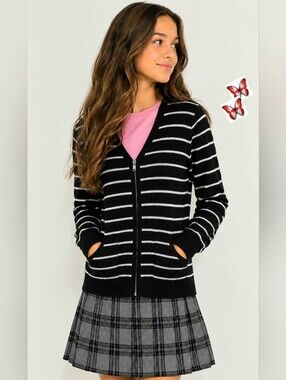 GEORGE🐞Girls' Black & White Striped Zip-Front Knit Cardigan with 2 Pockets Sz:L